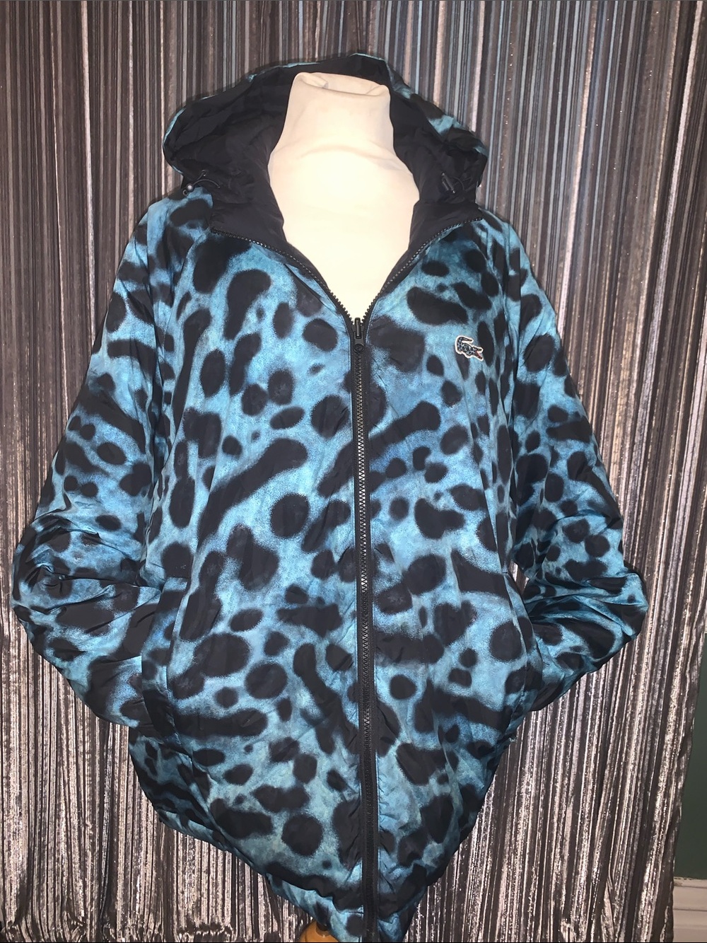 Lacoste National Geographic Teal and Black Leopard-Print Puffer Jacket with Hood